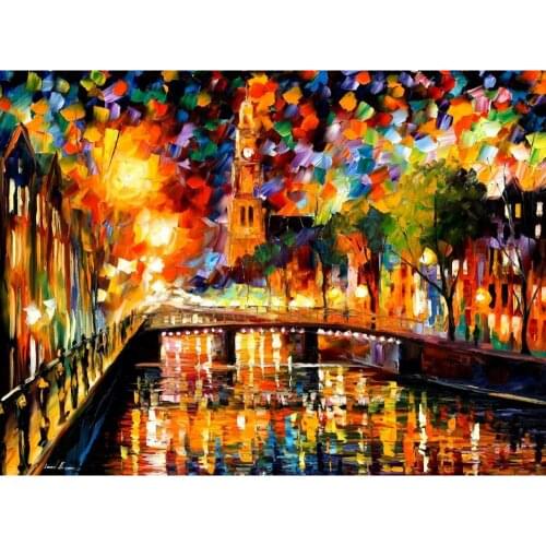 Hand painted Palette knife painting lights and shadows of amsterdam oil on canvas modern art Landscape for room decor