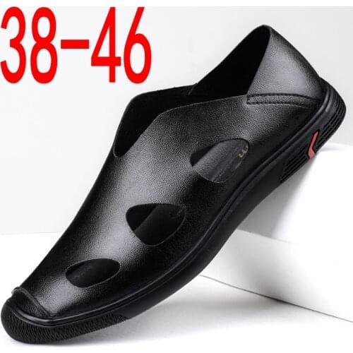 Leather sandals, mens leather, summer holes, mens shoes, soft soles, mens driving casual breathable cowhide beach shoes