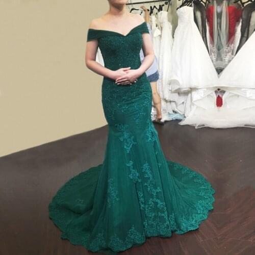 Sexy Mermaid Evening Dress Off-Shoulder Chapel Train Prom Gowns Lace Applique Elegant Girls Party Dress Formal Dress New Models