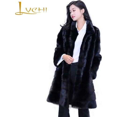LVCHI Winter 2019 Real Mink Fur Coat Natural Fur Causal Coat Womens Mandarin Collar Striped Long Sleeve Draped Long Mink Coats