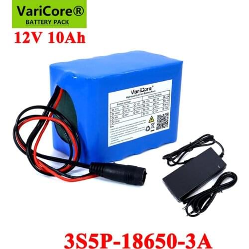 VariCore 12V 10Ah 18650 li-lon battery pack 10000mAh with BMS for Monitor emergency lights Uninterrupted power +12.6V 3A Charger