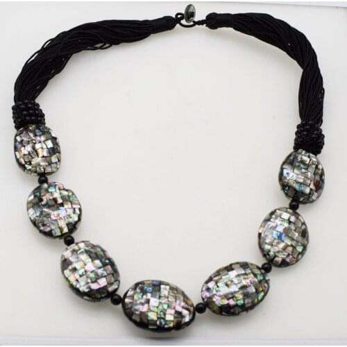 WOW! black abalone shell flat oval 26inch nature wholesale FPPJ long necklace 35-40mm