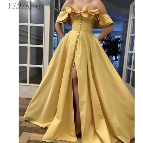YiMinpwp Yellow Evening Dresses Off Shoulder Front Split Sweep Train Ruffles Long Formal Prom Party Gowns vestidos de fiesta