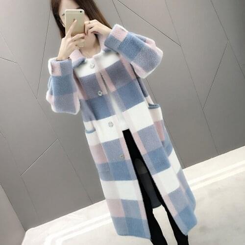 Women Long Knitted Faux Mink Fur Coat Plaid Cardigan Jacket