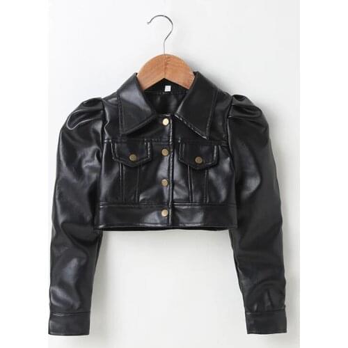 Girls Ruffle Sleeve PU Leather Blank Brown Jackets 2021 New Autumn Spring Short Style 1-7Years Motorcycle Outwear Outfits