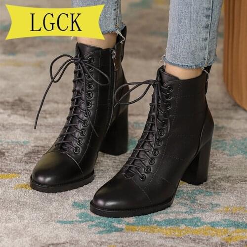 Big Size 34-40 Fashion Women Ankle Boots Thick Heels Shoes Genuine Leather Women Booties Lace Up Women Shoes Non-slip Girl Boot