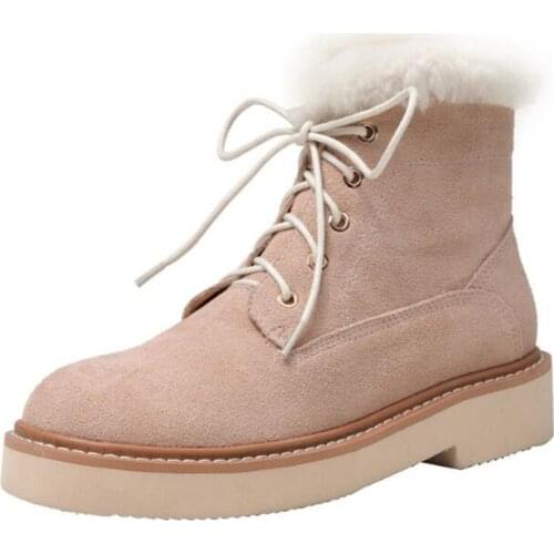 Women Winter Snow Boots Round Toe Low Heels Strap Tied Thickened Cold Weather Shoes Solid Suede Nude Genuine Cow Leather Booties