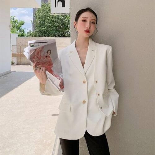 2021 Fashion White Blazer Women Notch Lapel Split Long Sleeve Casual Suit Jacket Autumn Clothing