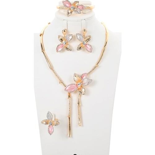 2021 New Gold jewelry sets for women African bridal wedding gifts Bracelet Flower Necklace earrings ring sets jewellery