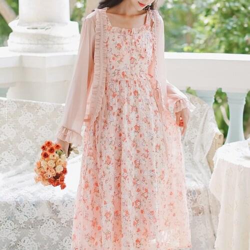 Pink Floral Fairy Dress Women 2021 Summer New Sleeveless Bowknot Ruffled Sweet Print Embroidery Retro Elegant Sling Dresses