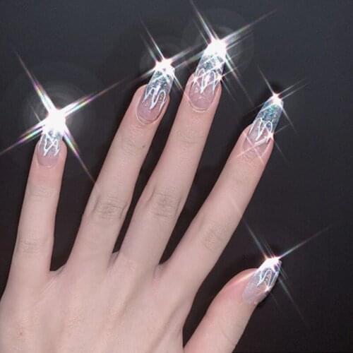 High Quality 24pcs Silver Flame Printed Nail Patch Shiny Glue Type Removable Long Paragraph Fashion Manicure False Nail Patch