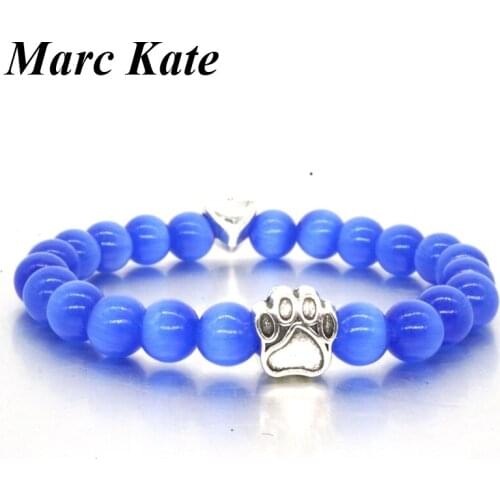 4 Colors 8mm Opal Cats Eye Stone Beads Bracelet Heart Dog Cat Paw Bracelet Footprint Charms Bracelets Pet Lover Yoga Jewelry