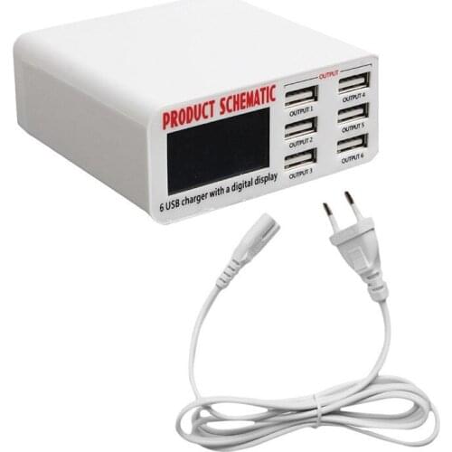EU/US/UK Plug 6A 6 USB Port Fast Charger HUB Wall Charging Adapter with LCD Screen