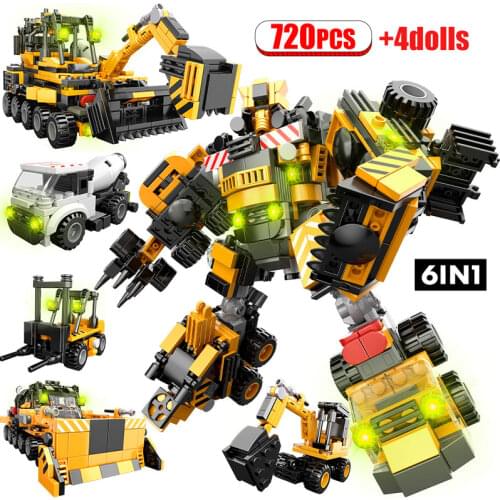 720pcs City 6 in 1 Transformation Engineering Car Vehicle Building Blocks Creator Technical Excavator Truck Bricks Toys For Boy