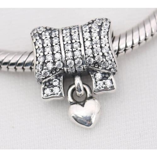 Aithentic S925 Silver Beads Charms fit Pandora Bracelet Bangle Pave Crystals Butterfly Charm with Heart Dangle DIY Jewelry