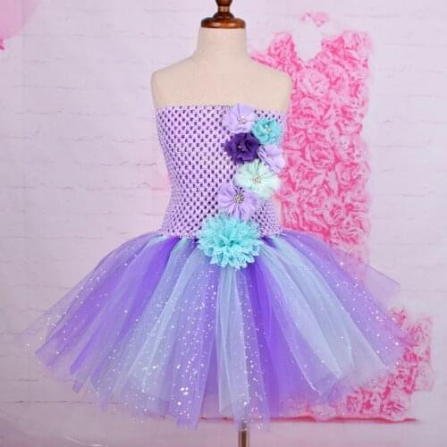 Glitter Light Purple Floral Princess Tutu Dress Flower Girls Wedding Gown Baby Birthday Party Tulle Dress Toddler Photo Props