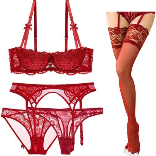 Sexy underwire push up bra women half cup underwear bra+garter belt+panties+thong+stockings Affordable 5piece set CYHWR