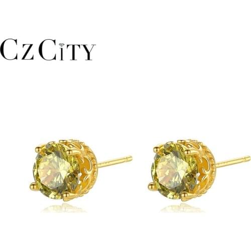 CZCITY 100% 925 Sterling Silver Small Stud Earrings Yellow Round Gemstone Jewelry for Women Girls Dating Birthday Gifts SE442