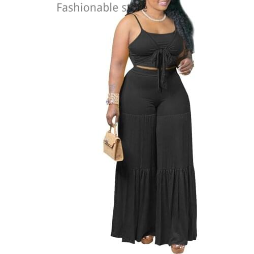 Women Solid Color Spaghetti Strap Lace-Up Front Ruched Crop Top & Wide Leg Pants Set