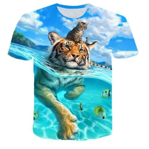 2021 Summer T-shirt Mens Streetwear Round Neck Short Sleeve T-shirt Top Funny Animal Clothing Casual Tiger/Cat 3D Printing