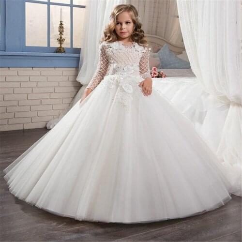 Custom Made White Tulle Long sleeve Flower Girl Dress for Weddings for Girl First Holy Communion Pageant Birthday Party Dress