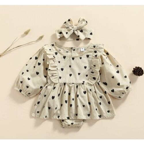 Toddler Long Sleeve Romper Dress with Bow Headband Lover Heart Pattern Print Ruffle Decoration Spring Autumn Clothing
