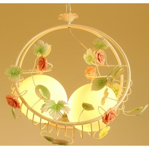 Pastoral style Korean wrought iron pendant light pink rose flower bird nest bedroom dining room hanging lighting lamp