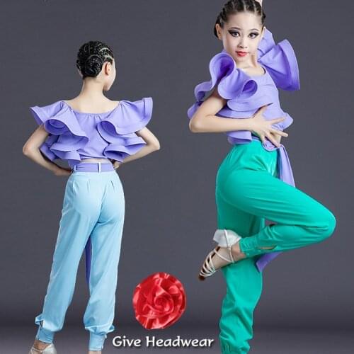 Latin Dance Costumes For Girls Lotus Leaf Sleeve Tops Pants Suits Cha Cha Samba Tap Dancing Competition Practice Clothes BL4924