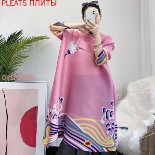 MIYAKE Pleated Retro Cheongsam Style Printed Dress with 3 / 4 Sleeve and Loose Large Size Dress Shows Thin Fashion Vestido