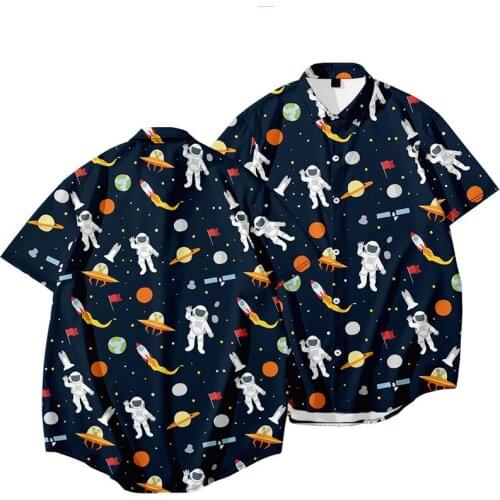 Fashion Starry Earth Astronaut Mens Hawaiian Beach Shirts Summer Short Sleeve Print Tropical Shirts Holiday Vacation Clothing