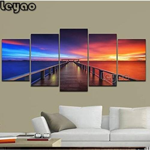 Sunset bridge 5 plane diamond painting modern seascape landscape Multi-pictures Wall Art diamond mosaic full square round drill