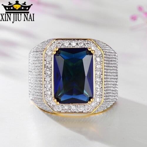High quality Gold color AAA Blue Black rectangle Crystal men ring brand party jewelry Luxurious and exaggerated lady accessories
