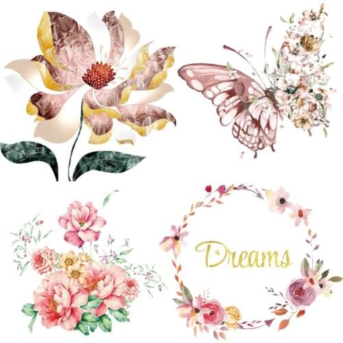 Butterfly lotus flower Iron On transfers For Clothing Transfer vinyl Patch Ironing Stickers on clothes fashion diy accessory