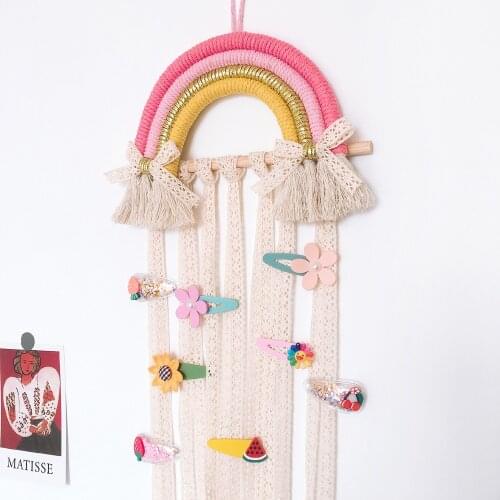INS Rainbow Tassel Wall Hanging Ornaments Kids Hair Bows Storage Belt Girls Room Decoration Hair Clips Hanger Organizer Strip