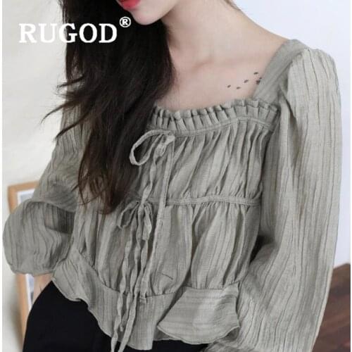 RUGOD 2019 New Women Pleated Shirt Square Collar Long Sleeves Strap Ruffles Slim Blouse Temperament Fairy Korean Chic Blusas