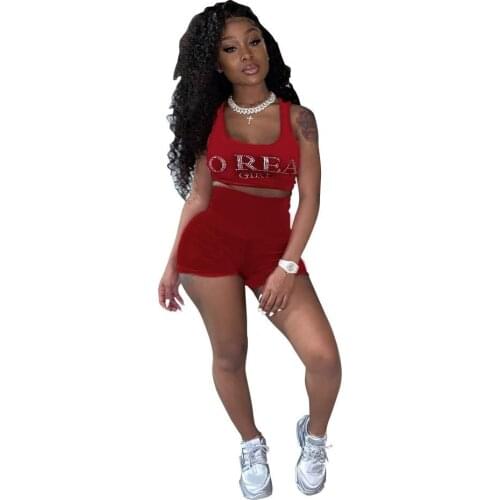 Sexy Bodycon Diamonds 2 Piece Set Women Casual Tank Crop Top With Shorts Women Sets Slim High Waist Sports Womens Tracksuit