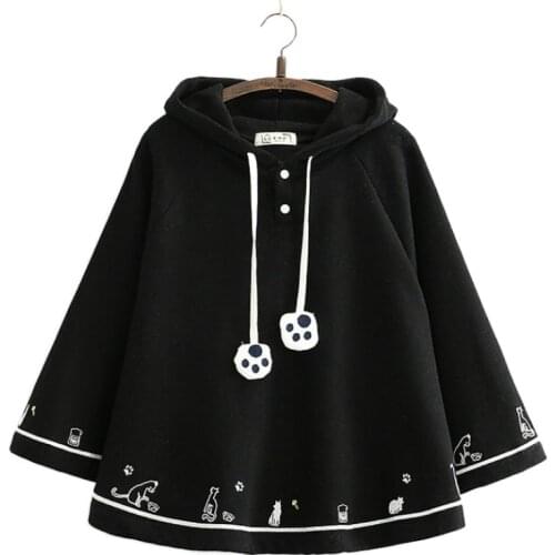 Solid black cartoon cat print cute hoodies and hooded sweatshirts 2020 winter fleece thick batwing sleeve pullover Tracksuits