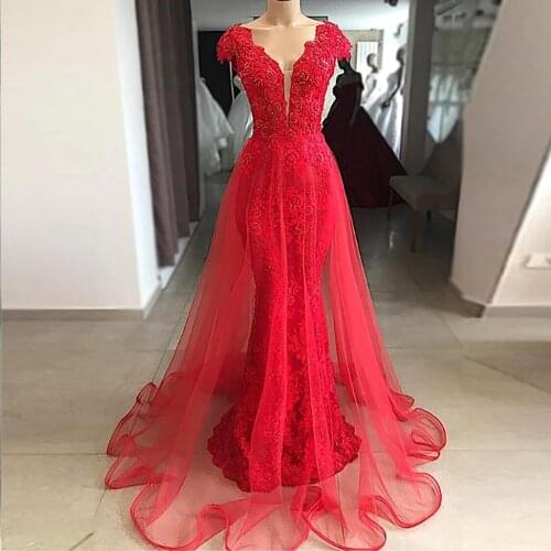 2019 Two Pieces Removable Detachable Prom Dresses Cap Sleeve Plunging Neckline Embroidery Lace With Stones Bridal Evening Gowns