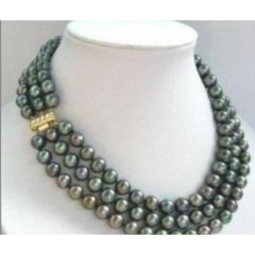 Jewelry Pearl Necklace 3 row 7-8mm natural tahitian black green pearl necklace Free Shipping