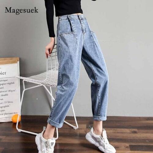 2020 Autumn Office Lady with Multi-Pockets High Waist Jeans Fashion Women Jeans Loose Casual Cotton Harem Denim Trousers 10730
