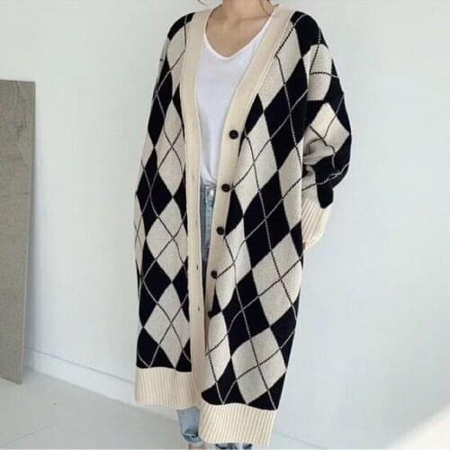 Heydress Vintage Oversized Long Knitted Cardigans Women Autumn V-neck Single-breasted Patchwork Plaid Female Open Stitch Sweater