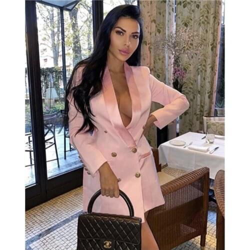 5 Colors Office Lady Sexy Long Sleeve V Neck White Women Winter Dress 2021 High Street Double Breasted Pink Red Black Vestidos