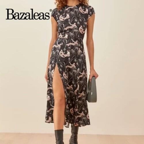 Bazaleas Vintage Girl Dance Print Chiffon Vestidos Palace Short Sleeve Women Midi Dress O Neck Split Dresses
