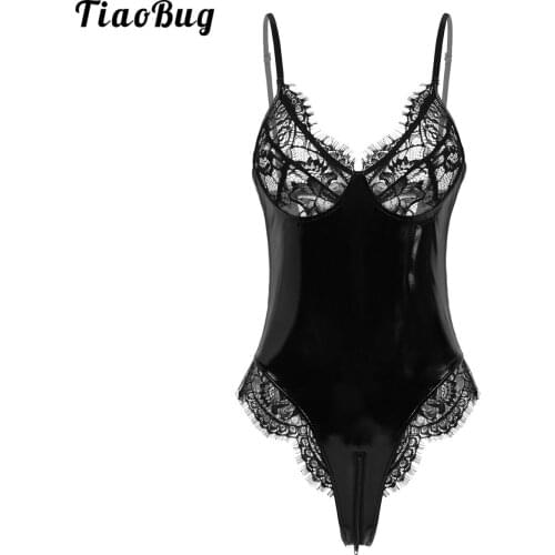 TiaoBug Women One-Piece PU Leather Lingerie Adjustable Spaghetti Straps Lace Cups Zippered Crotch Teddy Bodysuit Club Nightwear