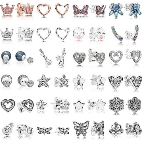 2019 NEW 100% 925 Sterling Silver Earrings Lovely Butterfly Crown Stars Love Heart Ear Studs Charm Bead Fit Original DIY Dangler