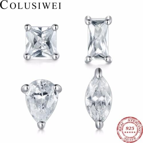 2019 Luxury 925 Sterling Silver Square Rectangle Rhombus Stud Earrings Female Romantic Zircon Earrings Wedding Jewelry for women