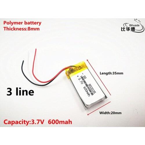3 line 5pcs/lot Good Qulity 3.7V,600mAH,802035 Polymer lithium ion / Li-ion battery for TOY,POWER BANK,GPS,mp3,mp4