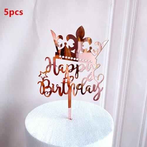 5pcs Happy Birthday Cake Topper For Home Party Bling Sparkle Sign Birthday Dessert Decor Cupcake Rose Gold Topper