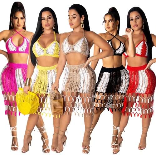 AJ4072 Mid Waist Handmade High Quality Two Piece Beachwear Skirt Sets Hollow Out Knitted Sexy Halter Wear Women 2021
