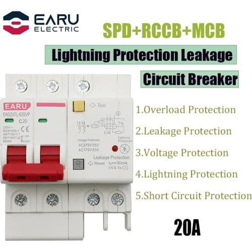 20A 2P SPD Residual Current Circuit Breaker With Overload Overvoltage RCBO RCCB With Lightning Protection MCB Leakage Protector